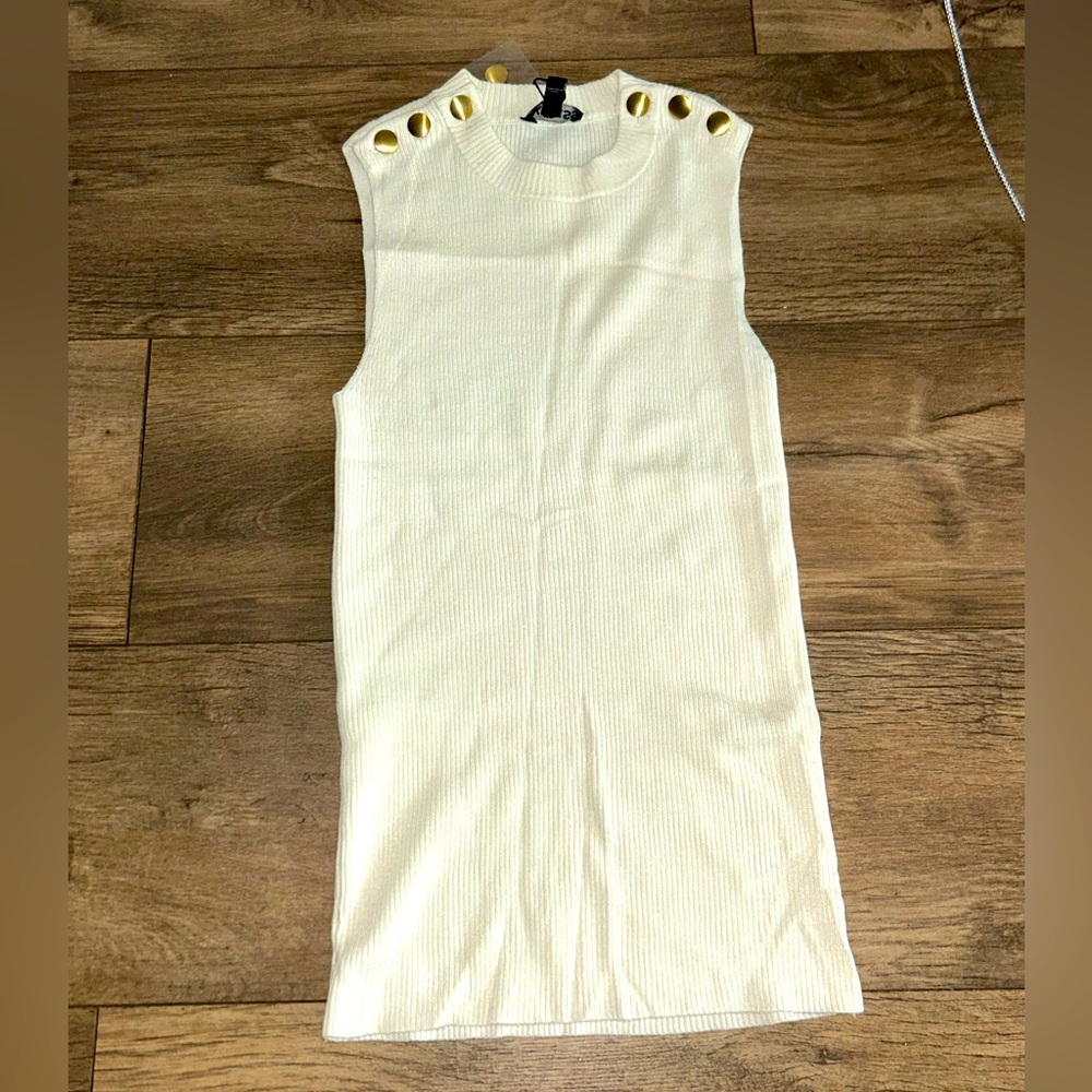 Express Sleeveless Cream Top with Gold Button Accents